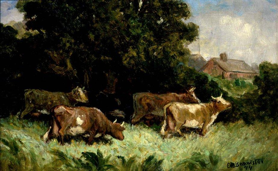 Edward Mitchell Bannister five cows in pasture, rooftop in background